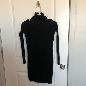 Black lace, cold shoulder sweater dress